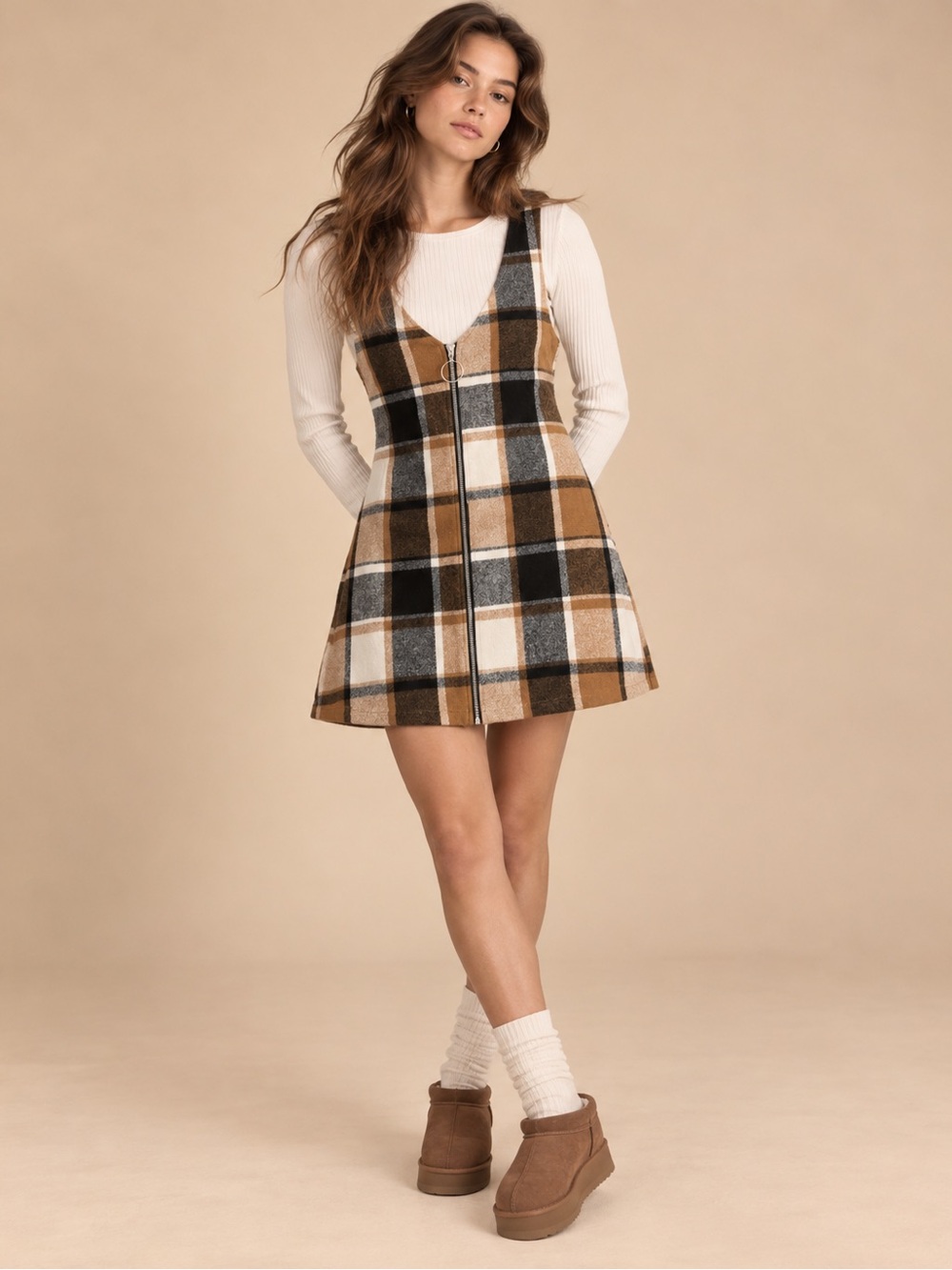 SHEIN Plaid Zip Front Mini Pinafore Dress Size XS US 2